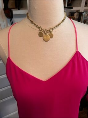 Express Gold Tone Coin Pendant Chain Necklace with Hot Pink Accent
